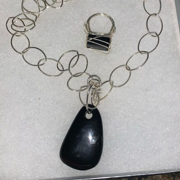 Silver & black onyx necklace & ring Set - Picture 1 of 10